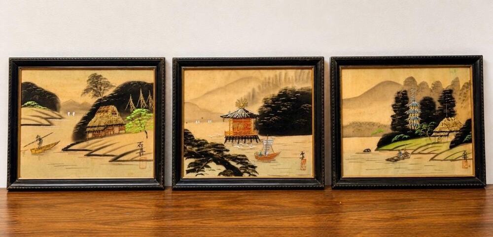 Vintage Japanese Silk Embroidery Art Set of 3 – 1960s Pagoda Landscape